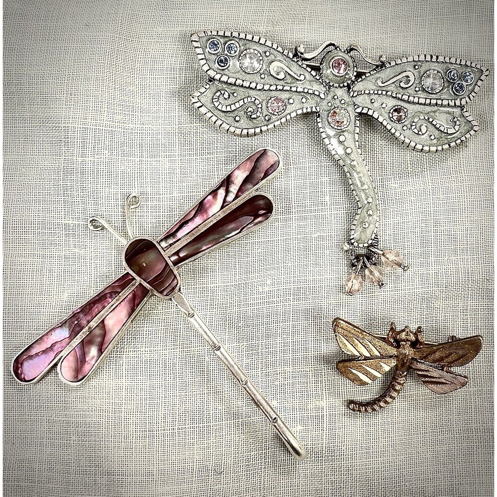 Vintage Dragonfly Brooch Lot JJ AAI Rhinestone Enamel Abalone Inlay Insect Pins